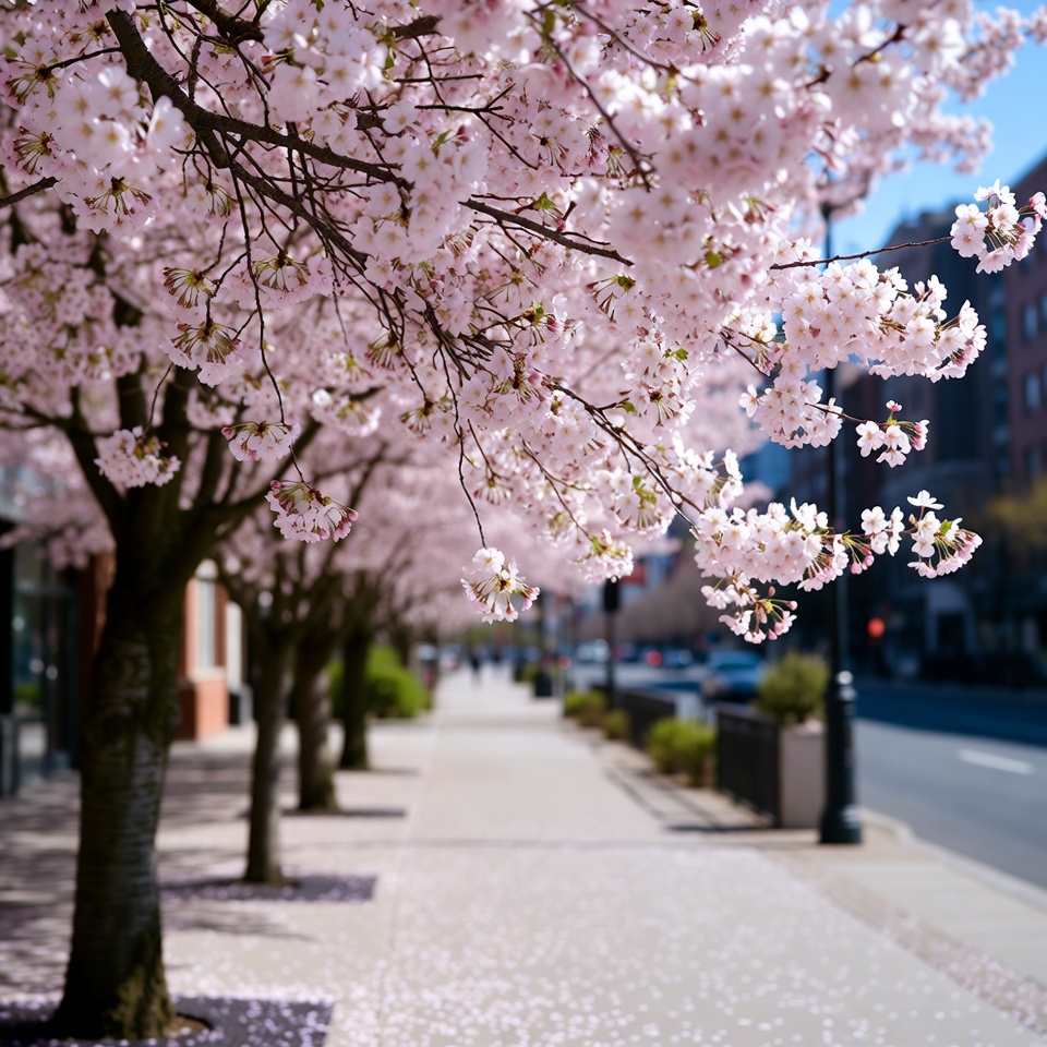 Cherry blossoms line city street in spring Cherry blossoms line city street in spring