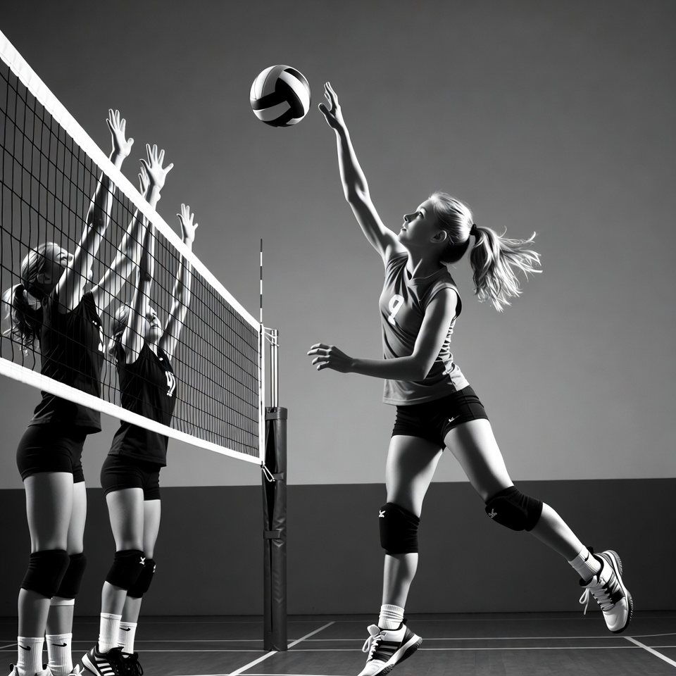Volleyball players spike in gym Volleyball players spike in gym