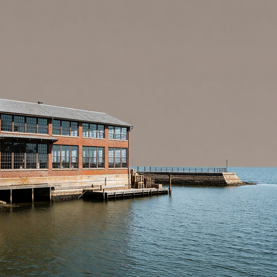 Building by the water near dock Building by the water near dock