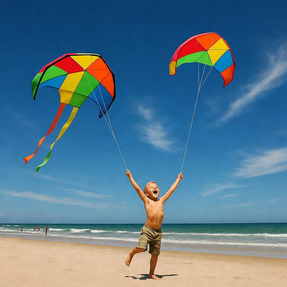 Child flying kites on beach Child flying kites on beach