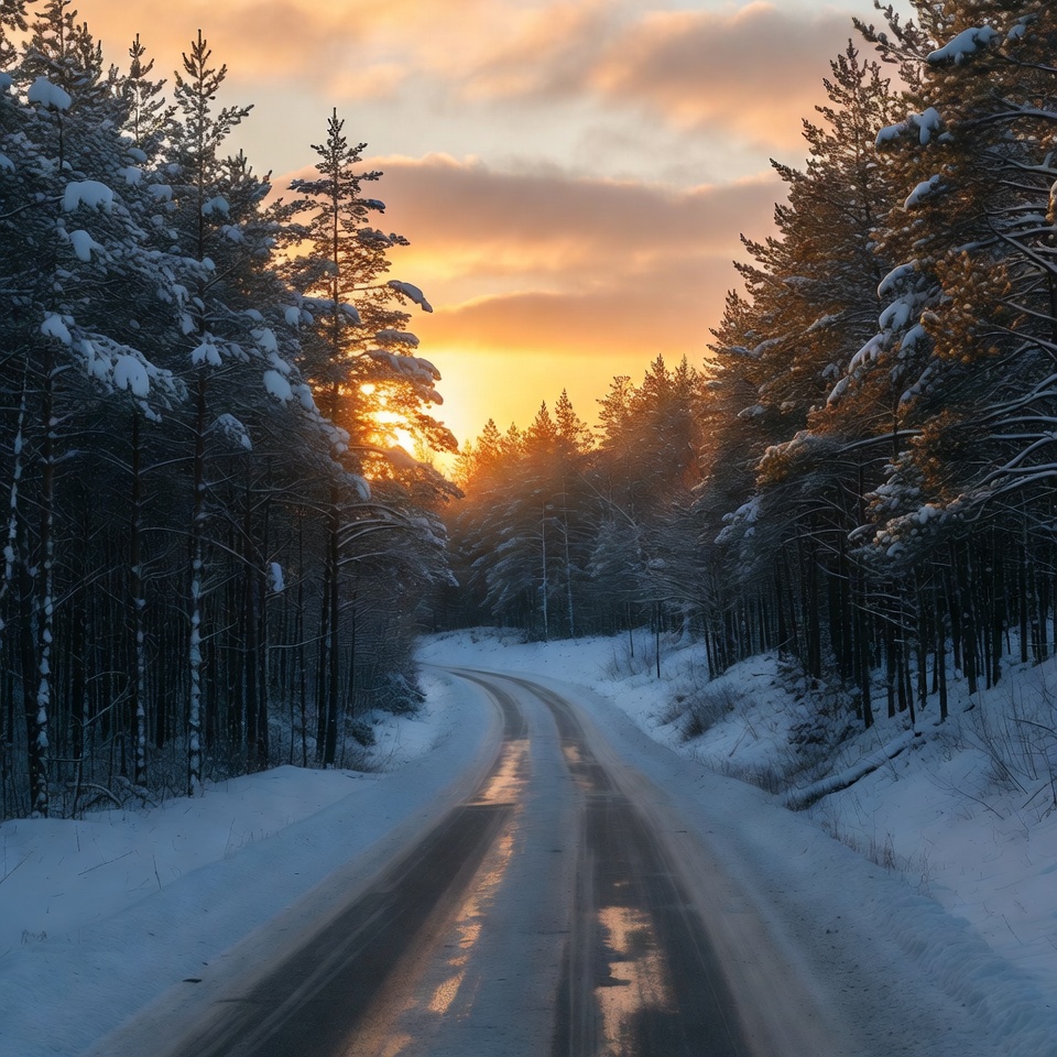 Sunset on winter road in forest Sunset on winter road in forest