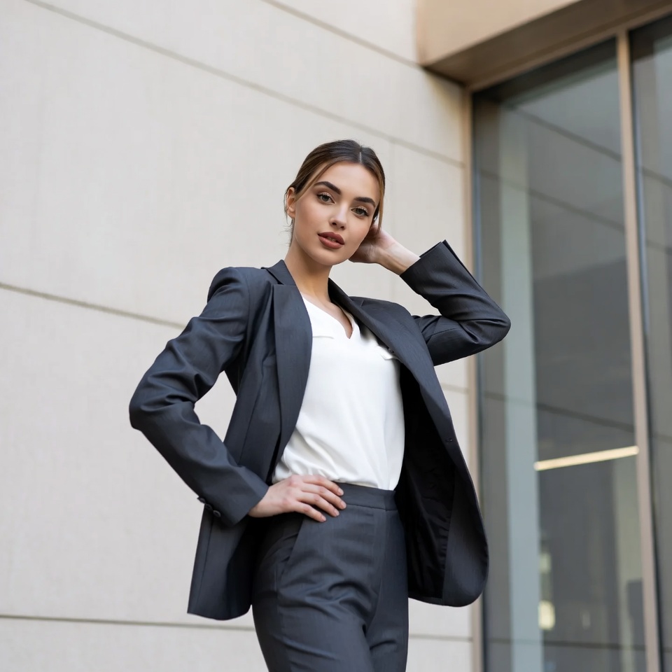 Woman in suit poses confidently outdoors Woman in suit poses confidently outdoors