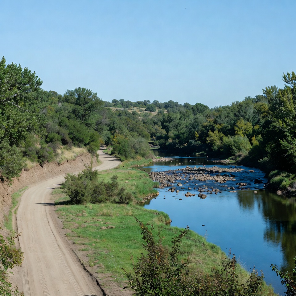 Scenic river and dirt path view Scenic river and dirt path view
