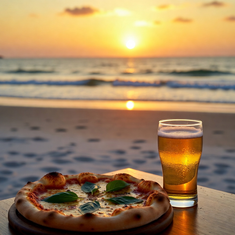 Enjoying pizza and beer at sunset Enjoying pizza and beer at sunset