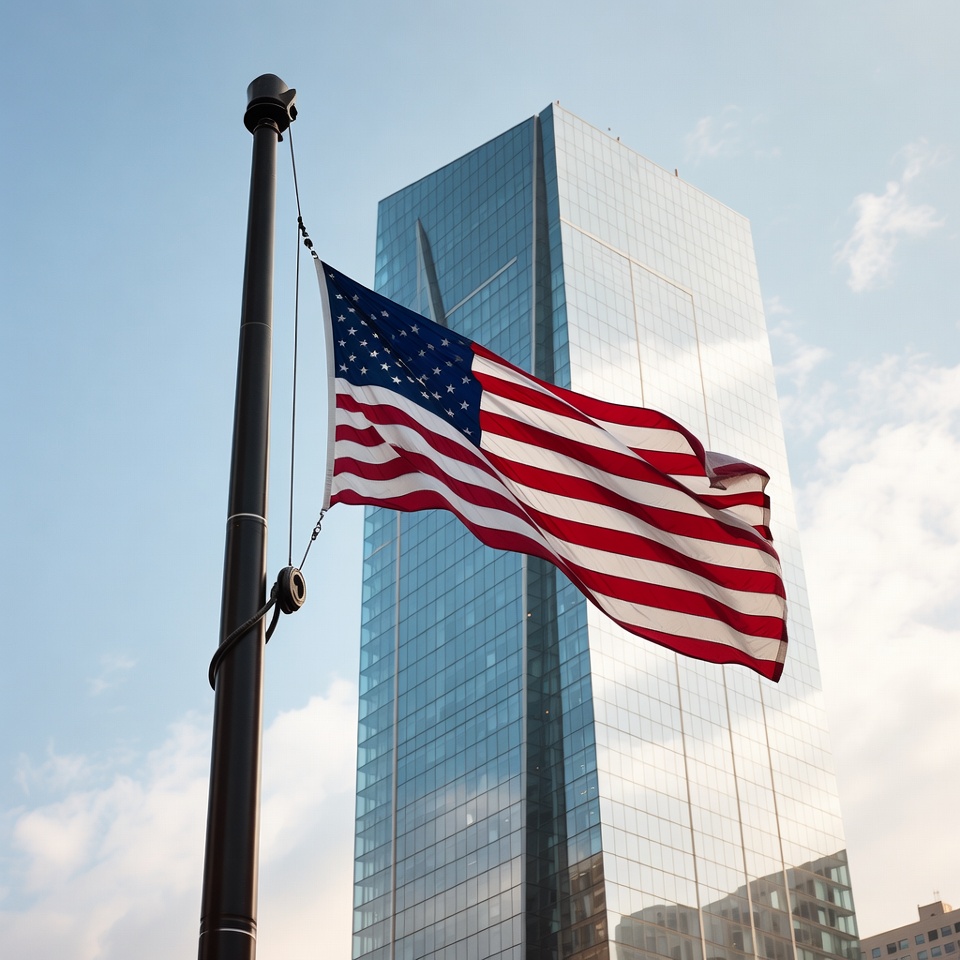 Flag waving in city near tall building Flag waving in city near tall building