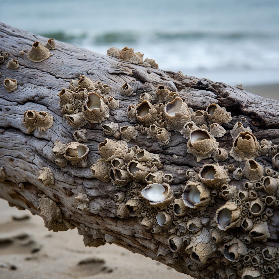 Driftwood covered with barnacles by the ocean Driftwood covered with barnacles by the ocean