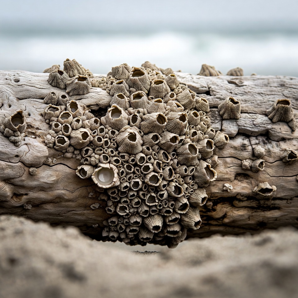 Driftwood covered by barnacles by the sea Driftwood covered by barnacles by the sea