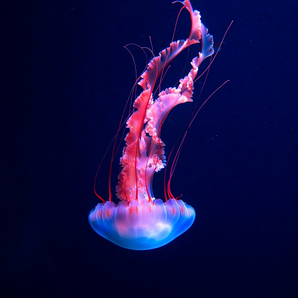 Colorful jellyfish swimming in dark water Colorful jellyfish swimming in dark water