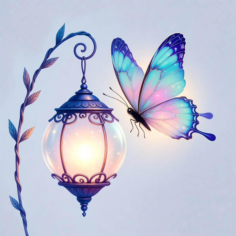 Butterfly near lantern in garden Butterfly near lantern in garden
