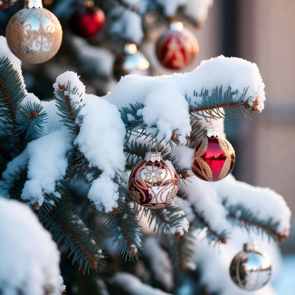 Christmas tree with snow and ornaments Christmas tree with snow and ornaments