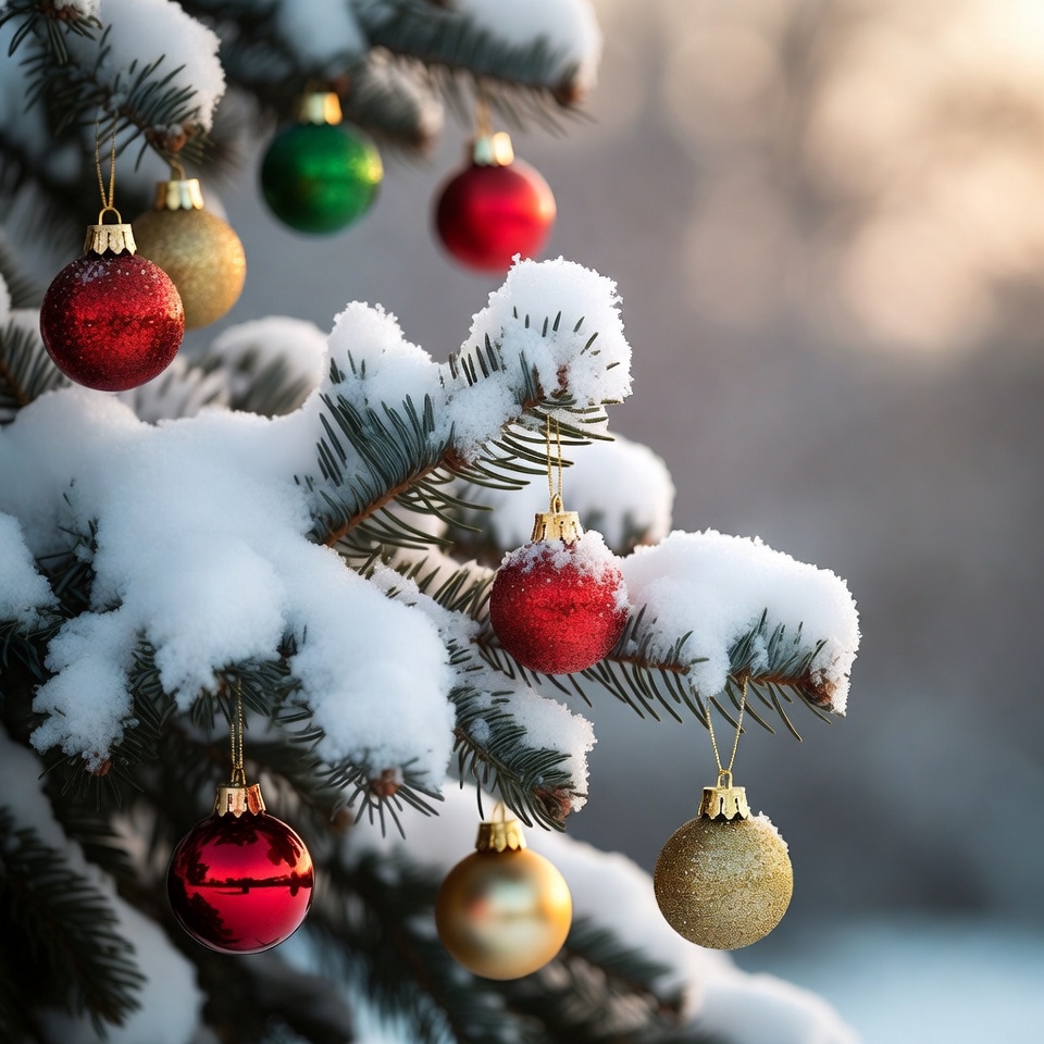 Christmas ornaments on snowy tree branches Christmas ornaments on snowy tree branches