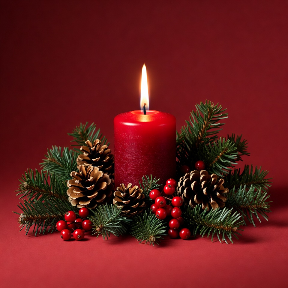Red candle with christmas decorations on table Red candle with christmas decorations on table