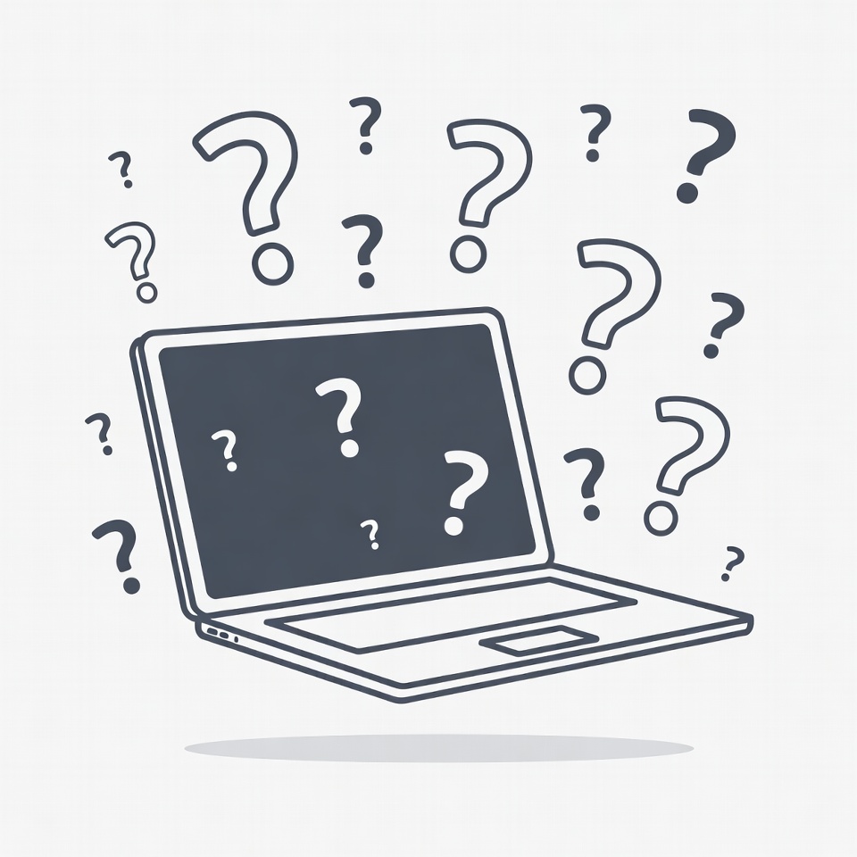 Laptop with question marks floating around Laptop with question marks floating around