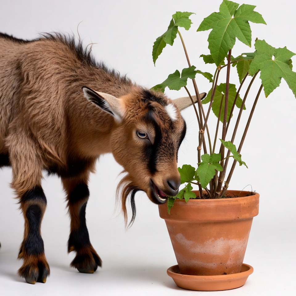 Goat eating plant in a pot Goat eating plant in a pot