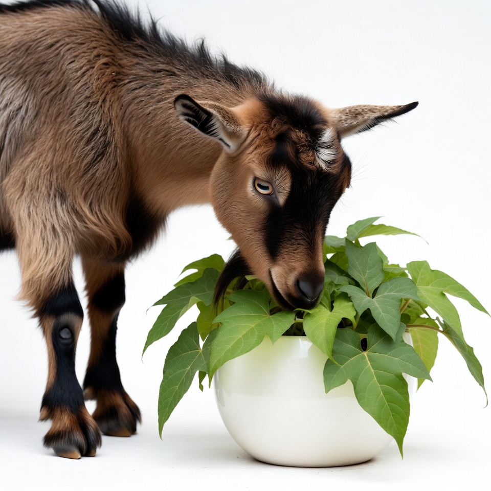 Goat explores plant in indoor setting Goat explores plant in indoor setting