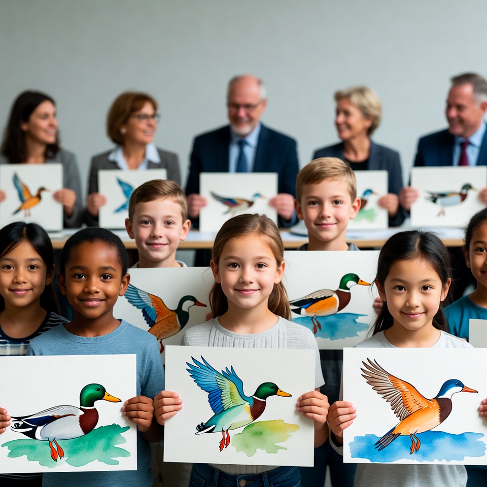 Kids display bird art in a conference Kids display bird art in a conference