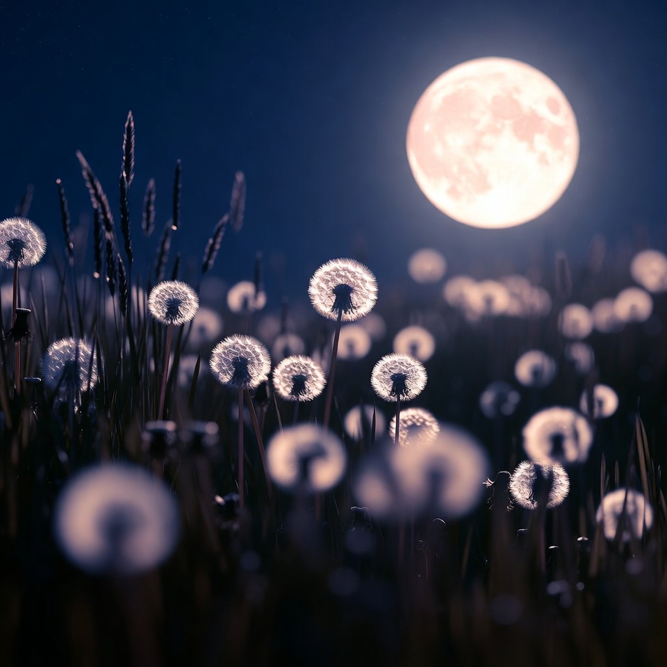 Dandelions glow under full moon Dandelions glow under full moon