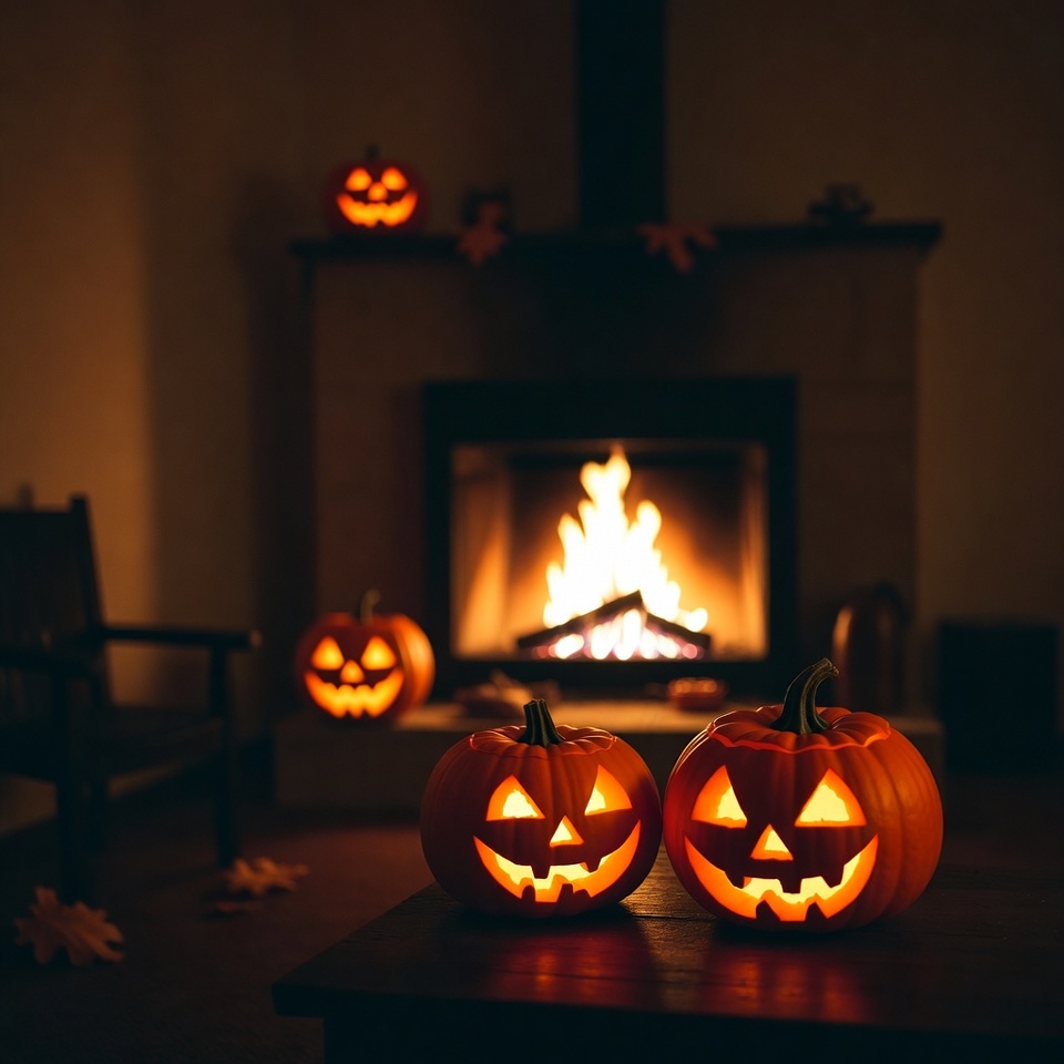 Halloween pumpkins glow by fire Halloween pumpkins glow by fire