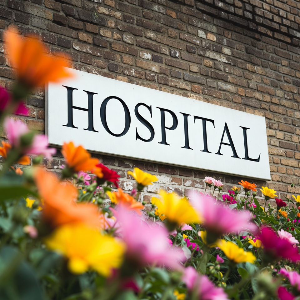 Flowers beside hospital entrance Flowers beside hospital entrance