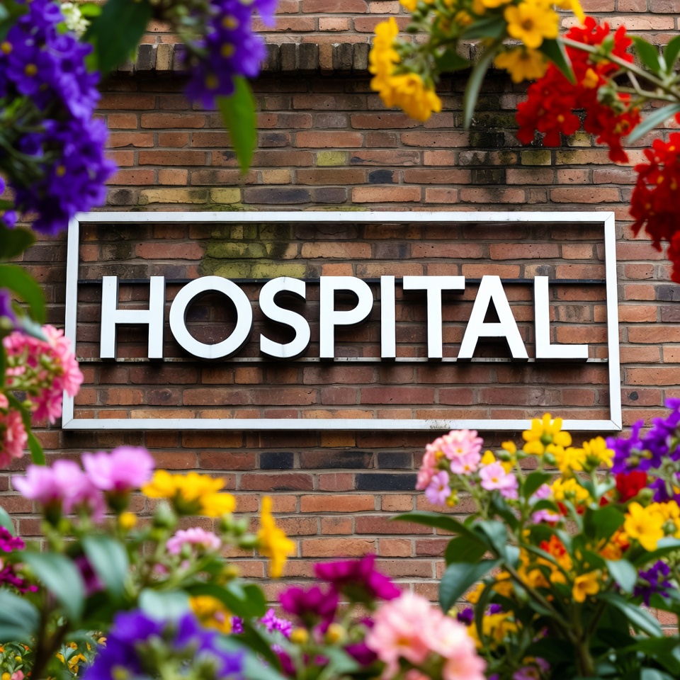Flowers in front of a hospital building Flowers in front of a hospital building