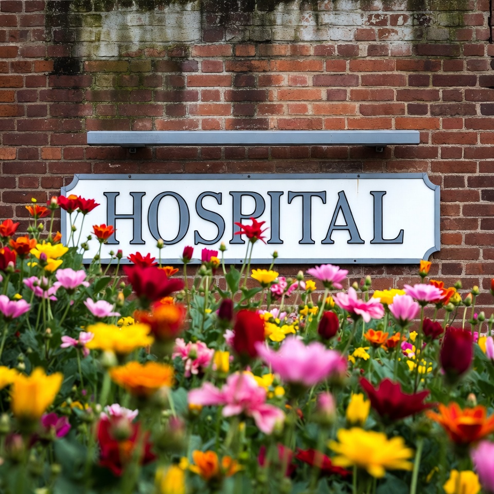 Flowers near hospital entrance in spring Flowers near hospital entrance in spring