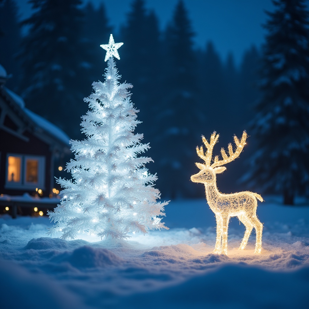 Winter scene with a lit tree and deer Winter scene with a lit tree and deer