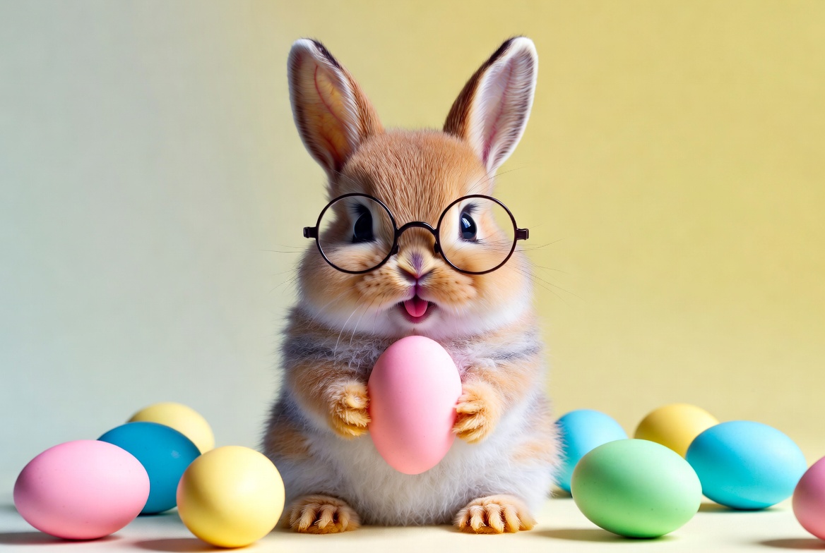 Rabbit holds pastel egg with glasses Rabbit holds pastel egg with glasses