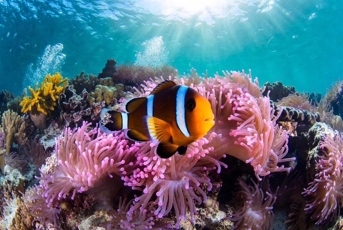 Clownfish swims near coral reef Clownfish swims near coral reef
