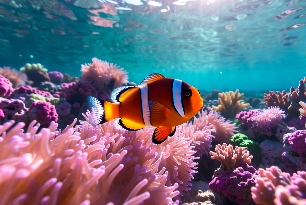 Clownfish swimming among coral reefs Clownfish swimming among coral reefs