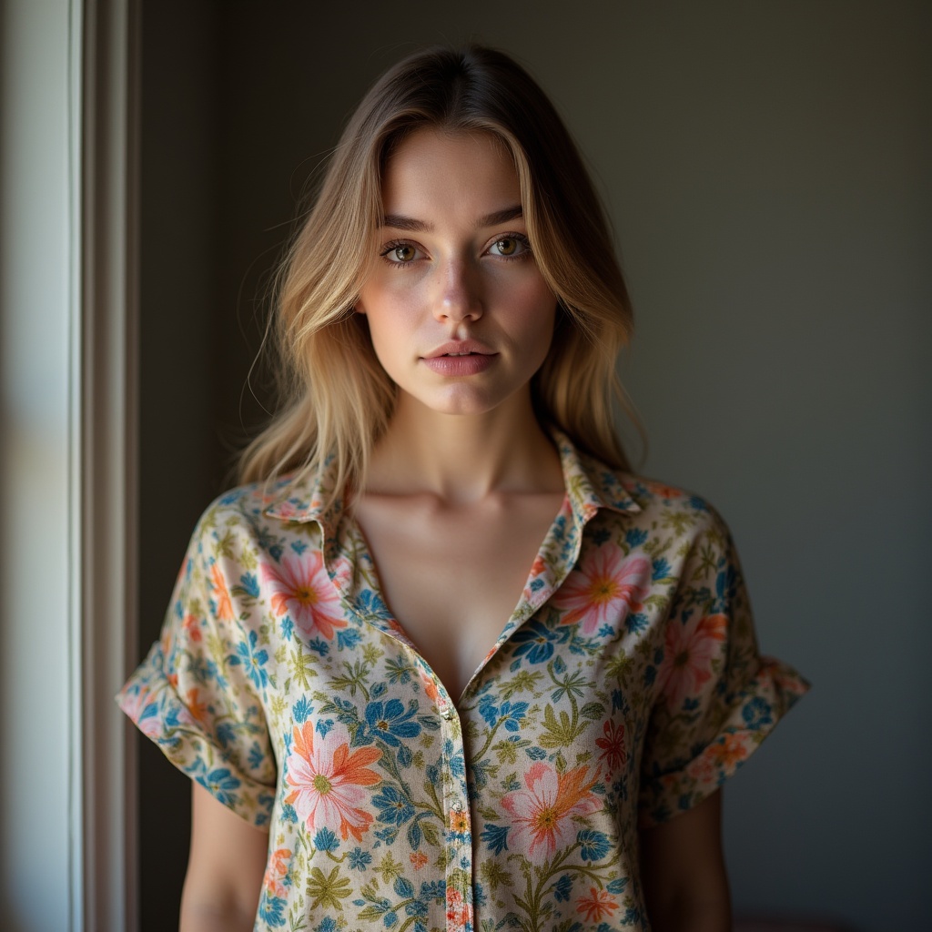 Woman in floral shirt indoors Woman in floral shirt indoors