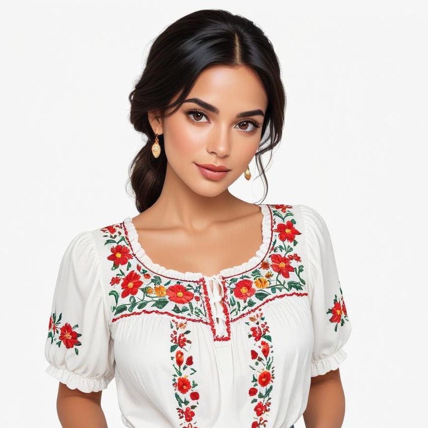 Woman wearing embroidered blouse in studio Woman wearing embroidered blouse in studio