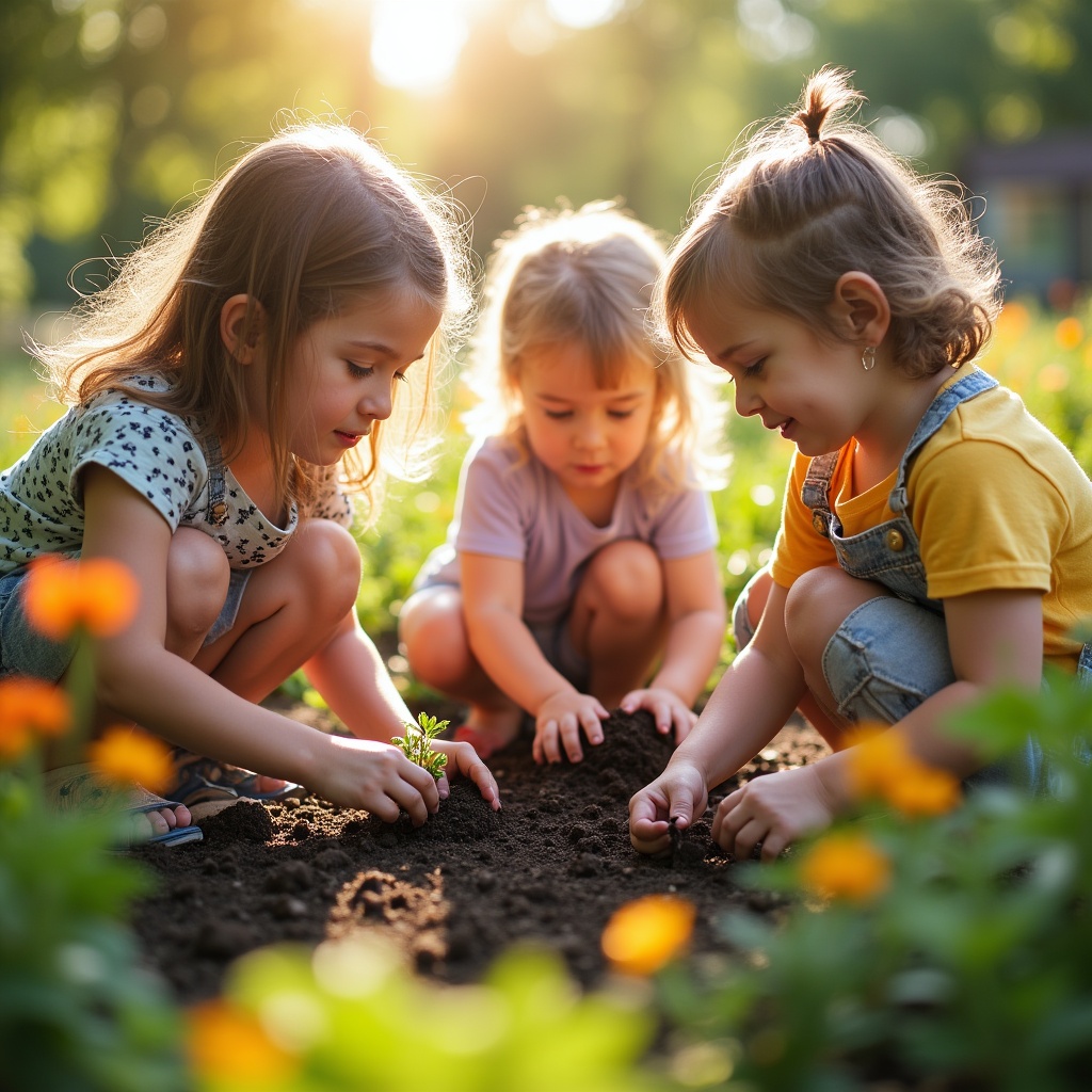 Girls planting flowers in garden Girls planting flowers in garden
