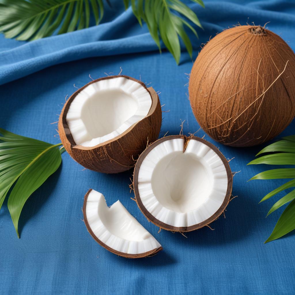 Coconuts on blue fabric background Coconuts on blue fabric background
