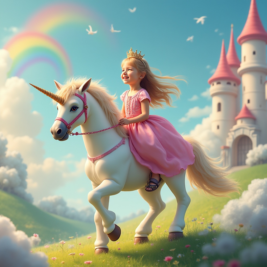 Child riding unicorn near castle Child riding unicorn near castle