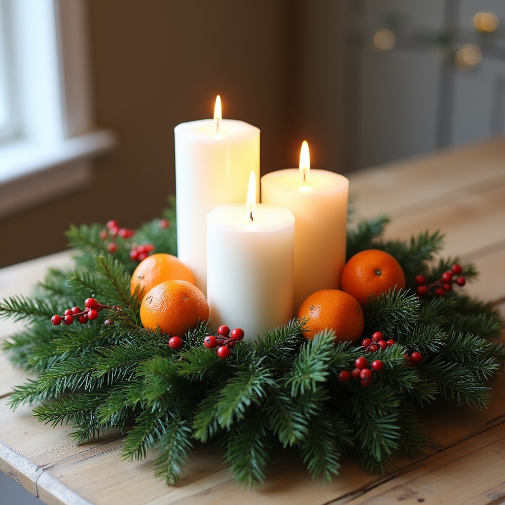 Holiday wreath with candles and oranges Holiday wreath with candles and oranges