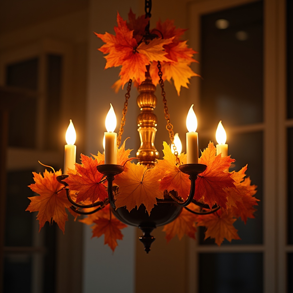 Chandelier with autumn leaves display Chandelier with autumn leaves display