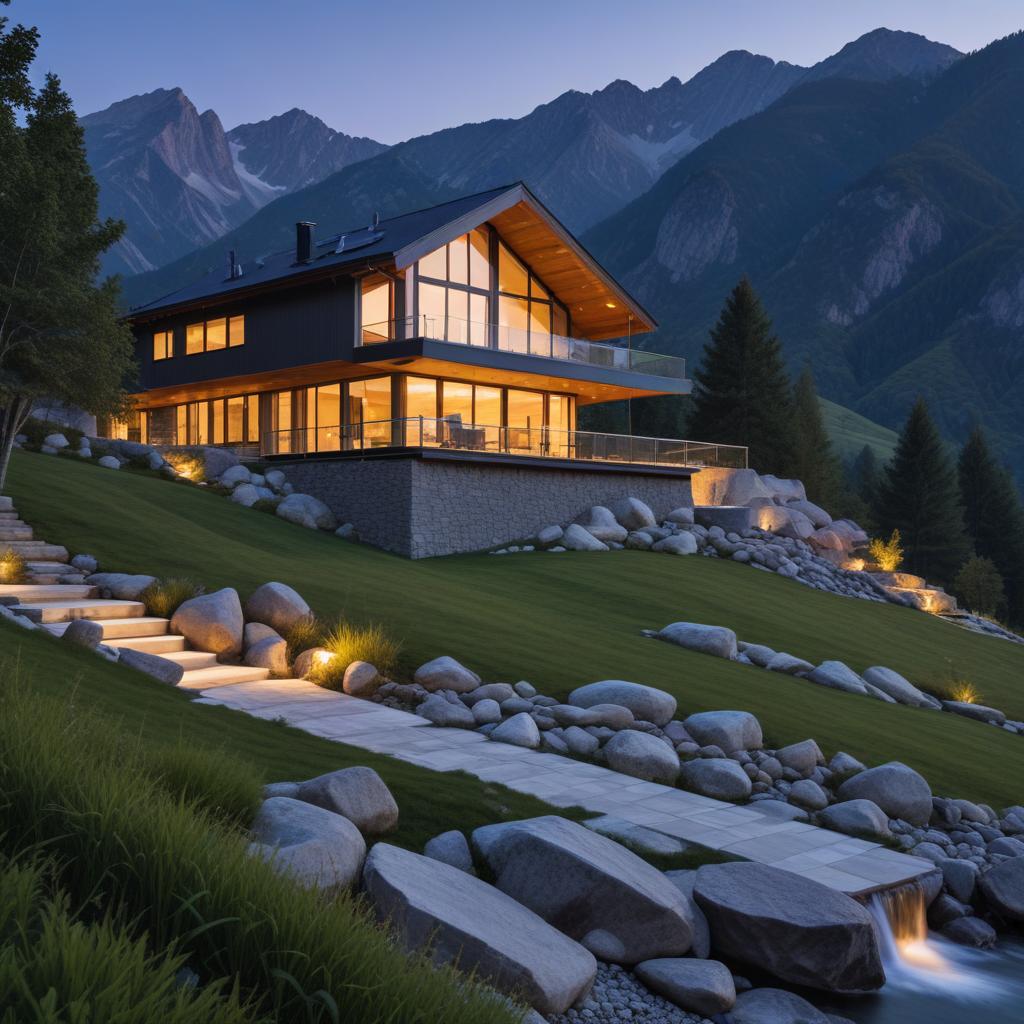 Modern house at night in mountains Modern house at night in mountains