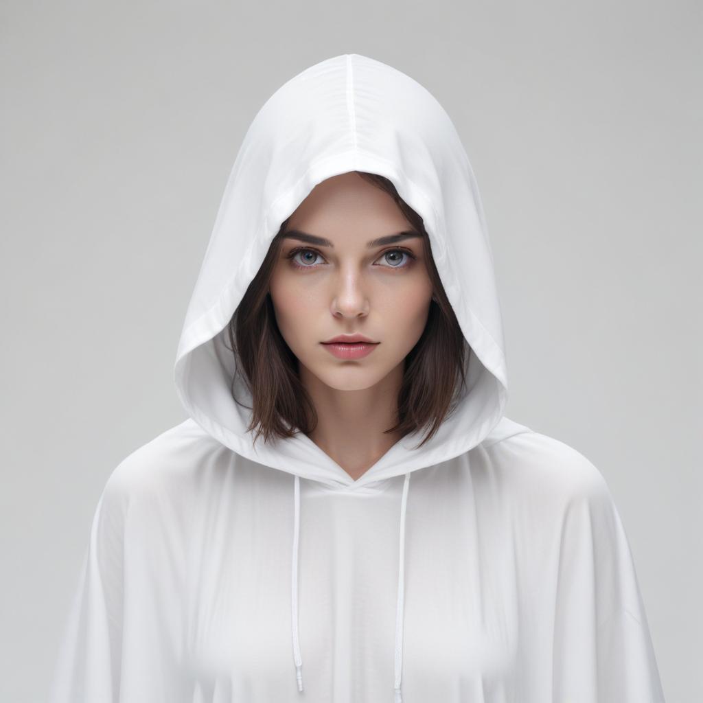 Woman in white hoodie, serious expression Woman in white hoodie, serious expression