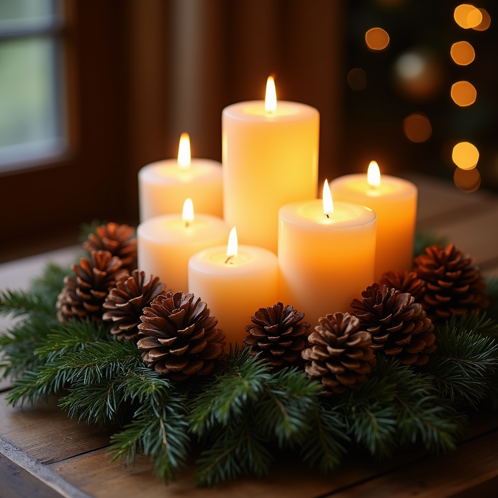 Candles on table with pinecones Candles on table with pinecones