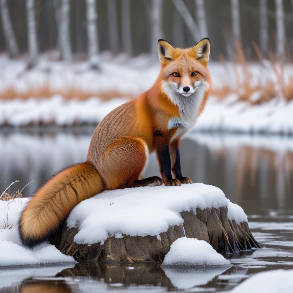 Fox sitting on snow-covered rock Fox sitting on snow-covered rock