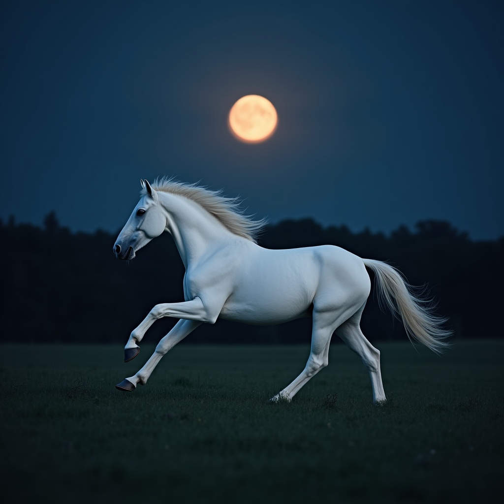White horse runs under full moon White horse runs under full moon