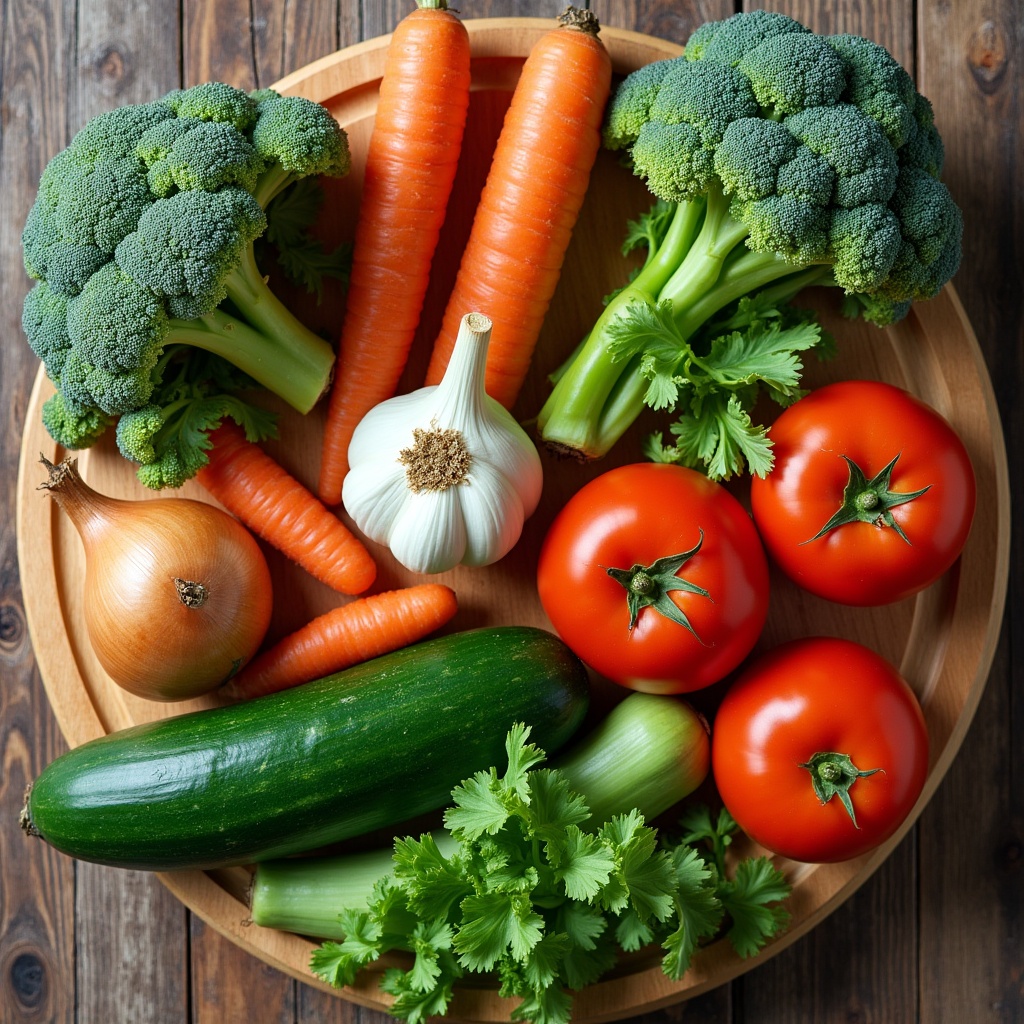 Fresh vegetables on wooden platter Fresh vegetables on wooden platter