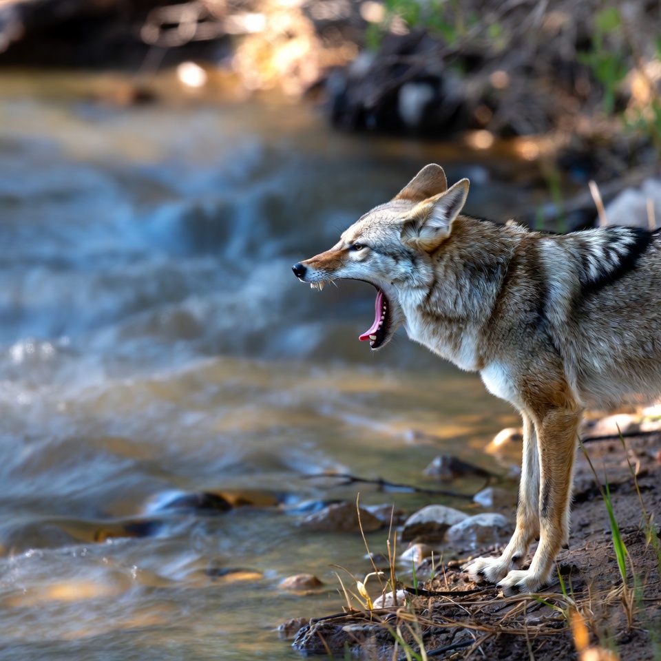 Coyote yawns by riverbank Coyote yawns by riverbank