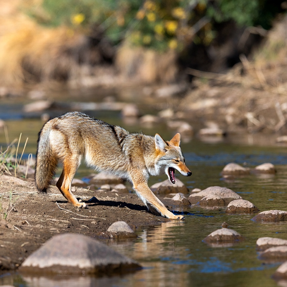 Coyote walking by riverbank at daytime Coyote walking by riverbank at daytime