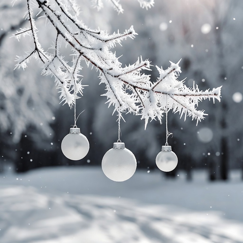 Winter decorations on snowy branches Winter decorations on snowy branches