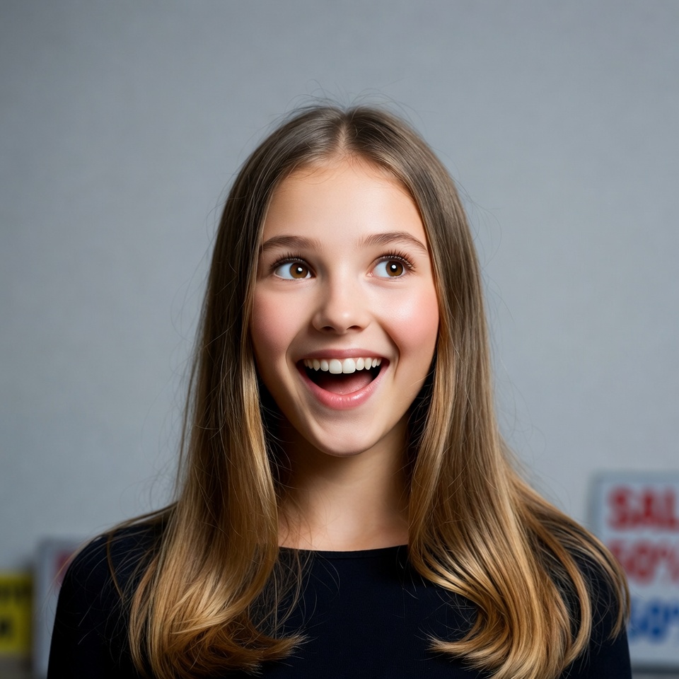 Girl with long hair shows excitement Girl with long hair shows excitement