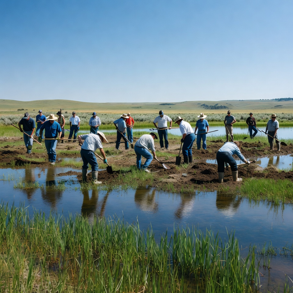 Group of people working in a wetland area Group of people working in a wetland area