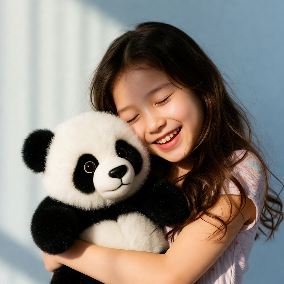 Girl hugs panda toy in bright room Girl hugs panda toy in bright room