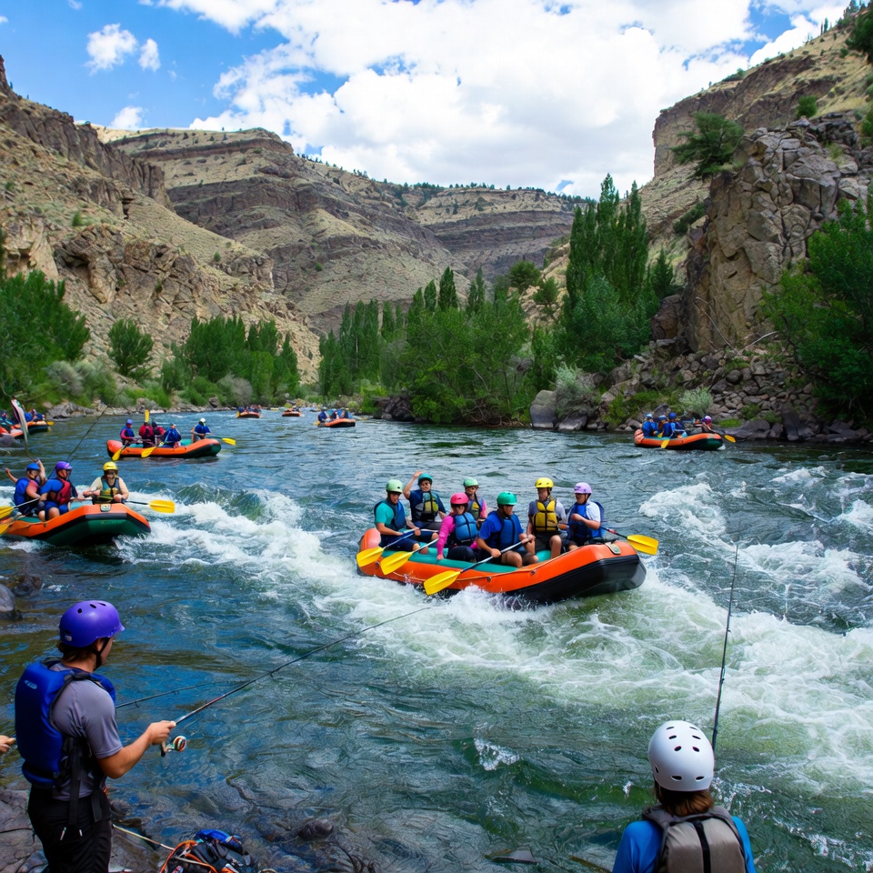 Rafting activity in river canyon Rafting activity in river canyon