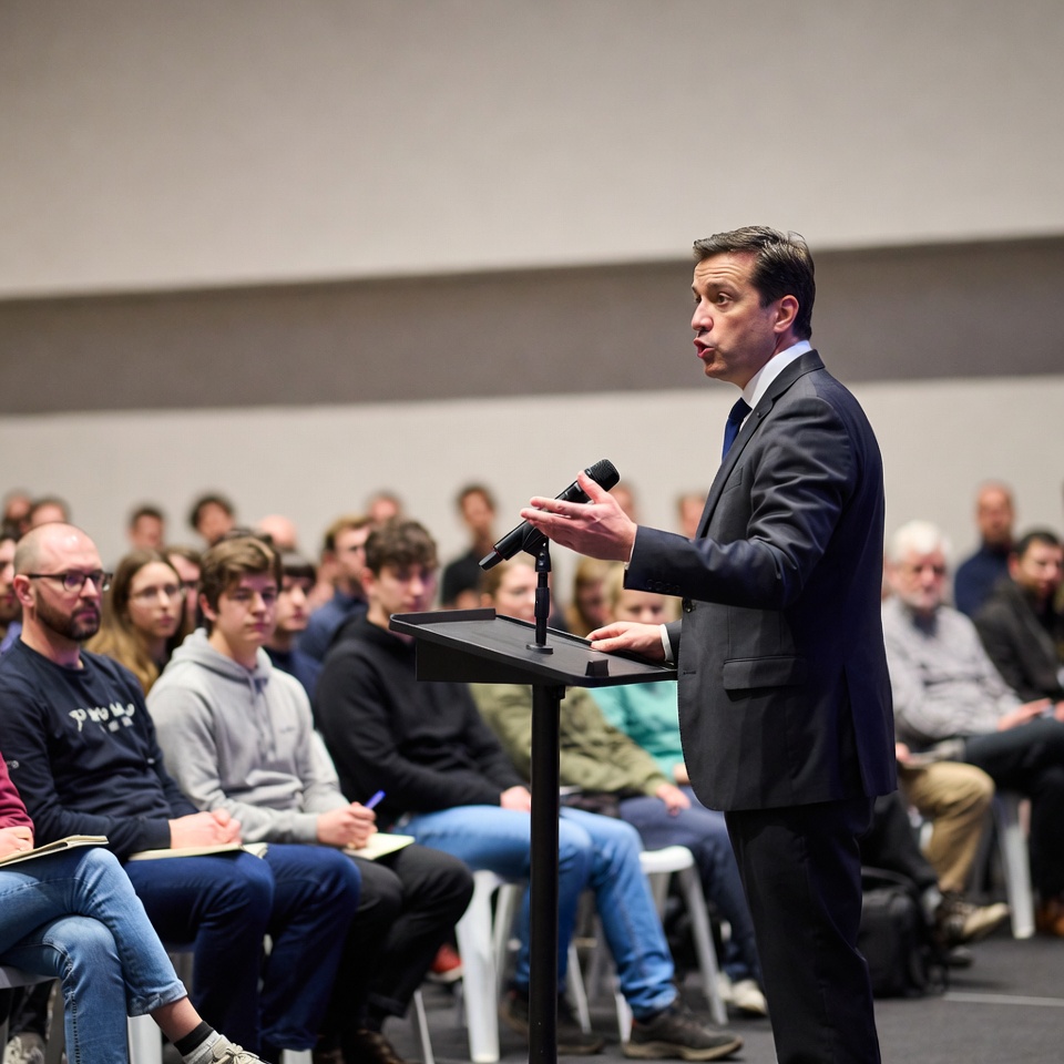 Speaker engages audience at event Speaker engages audience at event